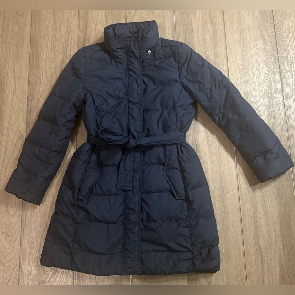 J. Crew Navy Belted Puffer Coat Petite Small *NO HOOD Small hole*
